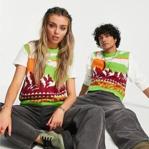 RECLAIMED VINTAGE Graphic Knit Sweater Vest | M | Mountain Scene | Retro Indie